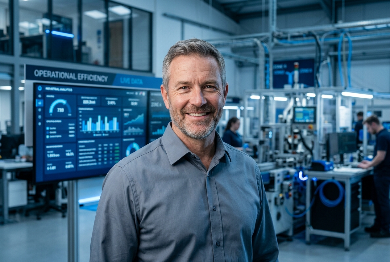 Business Owner with ERP Dashboard in Modern Manufacturing Smiling manufacturing business owner in modern factory with live data dashboard backdrop, showcasing ERP software.
