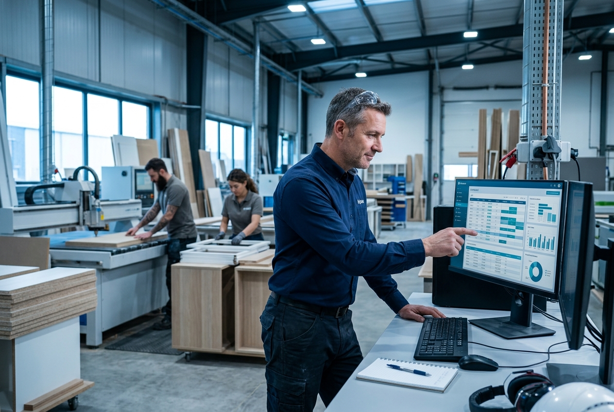 production-manager-seradex-erp-dashboard Production manager using Seradex ERP software dashboard on factory floor to optimize manufacturing operations and production planning.