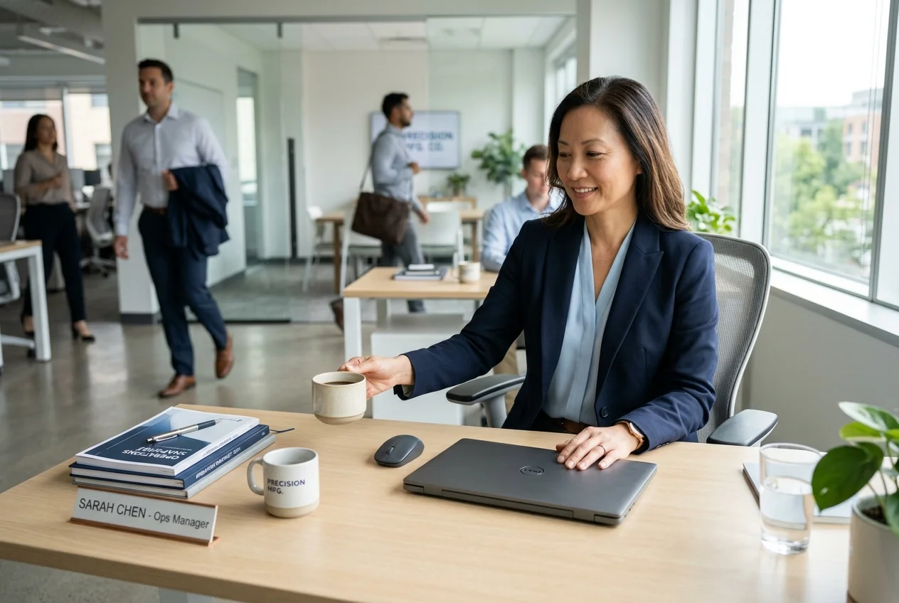 Calm Operations Manager Ready for Productive Day Manufacturing operations manager, Sarah Chen, arriving at her organized desk, ready to start the day with Seradex ERP.