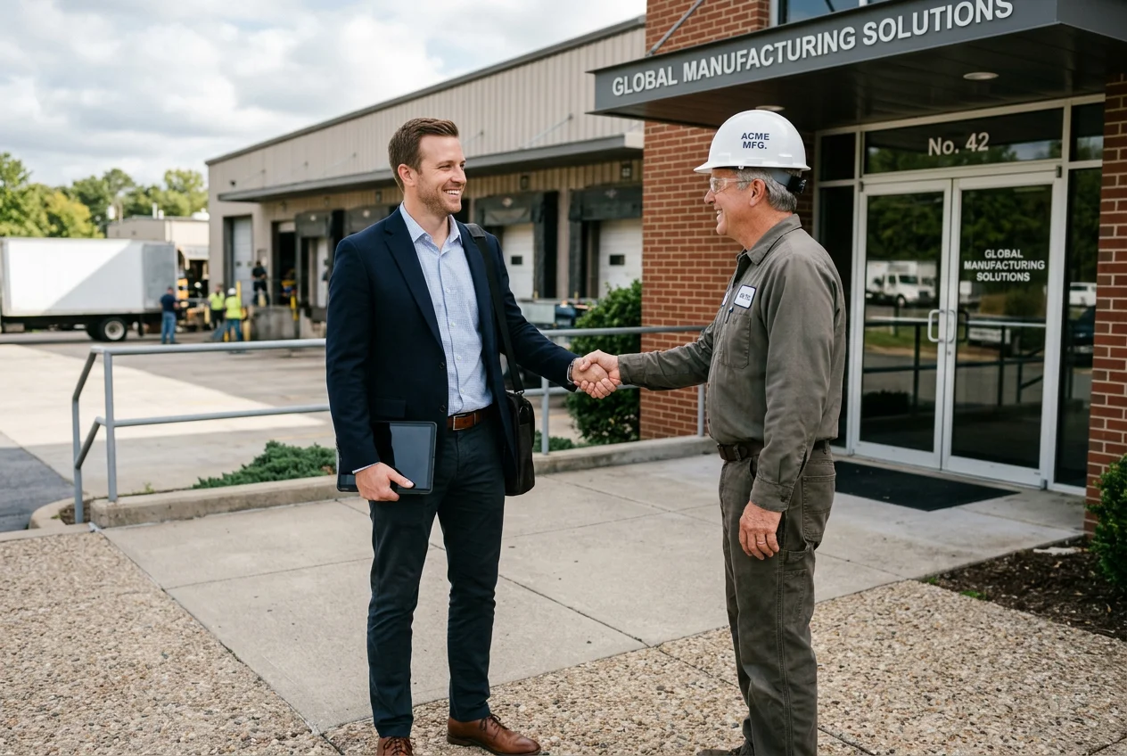 ERP Software Deal Closed with Manufacturing Client Sales rep shaking hands with plant manager outside manufacturing facility. ERP software success for production planning and inventory control.