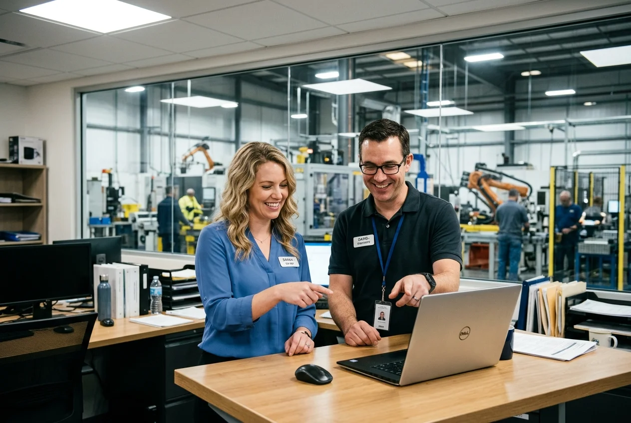 Boost Collaboration with Manufacturing ERP Software Customer service and engineer collaborating on a laptop in a modern manufacturing office with ERP software.