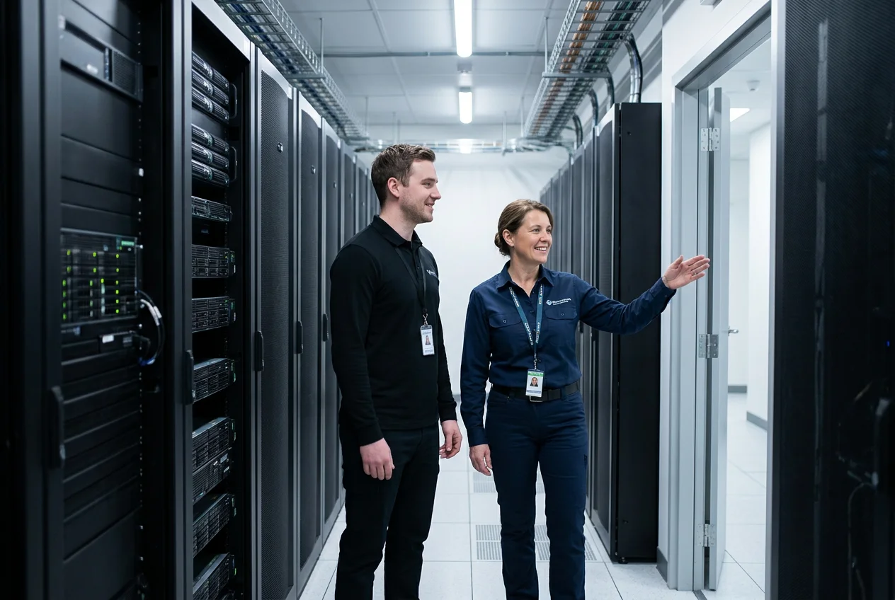Manufacturing Solved: Plant Manager & IT in Server Room Plant manager and IT administrator smiling in a server room, gesturing to the door, showing relieved confidence after solving a problem with manufacturing ERP.