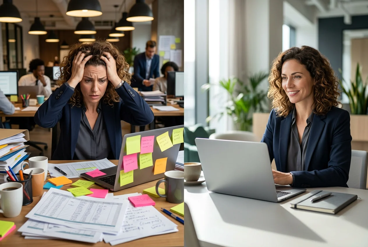From Chaos to Control: Transform Your Manufacturing Operations Before & after: Stressed manager overwhelmed by paperwork vs. happy, organized manager using manufacturing ERP software for streamlined production planning.