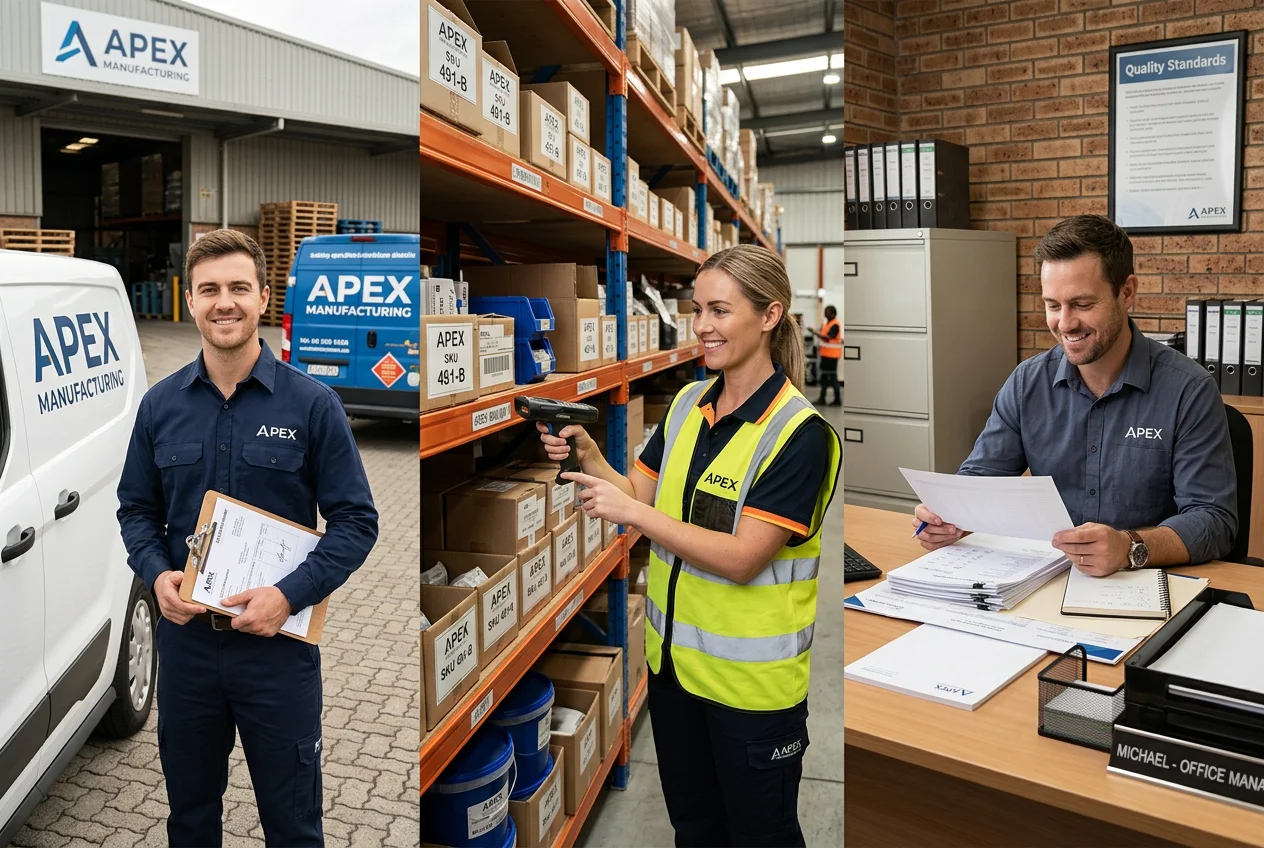 Streamlined Manufacturing Operations with ERP Software Three manufacturing workers: delivery driver with clipboard, warehouse worker scanning, office manager reviewing reports. Represents complete production planning and inventory control workflows.