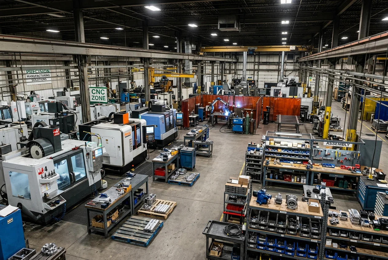 Manufacturing Facility Floor with ERP Integration Large manufacturing facility with CNC, welding, and assembly zones showcasing Seradex ERP for complex production planning & inventory management.