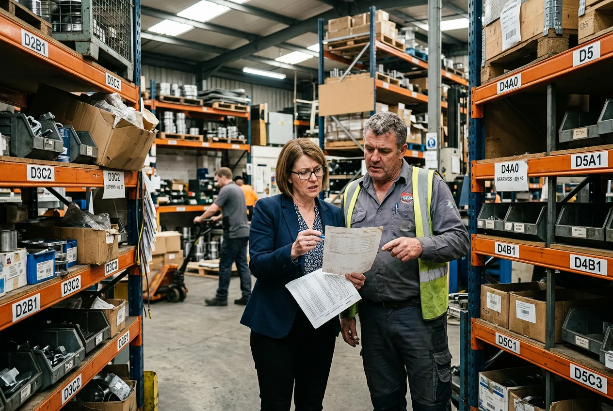 Inventory Discrepancy in Manufacturing Warehouse Manufacturing purchasing manager and warehouse supervisor look frustrated at an inventory sheet, comparing it to empty/overstocked shelves. Highlights inventory control challenges without an ERP.