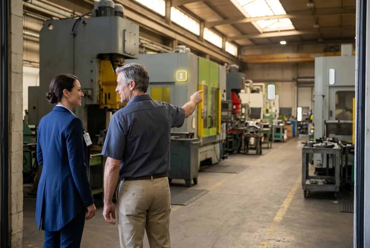 Confident Manufacturing Leaders Survey Shop Floor Manufacturing business owner and plant manager view shop floor with confidence, discussing improved production with ERP software.