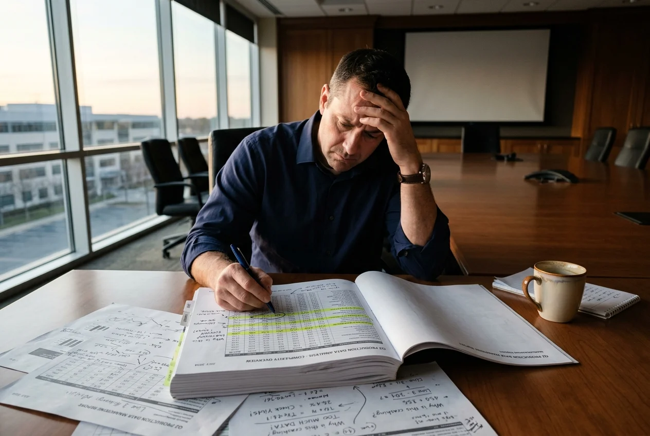 Operations Director Overwhelmed by Manual Data Analysis Frustrated operations director manually analyzing overwhelming production reports, highlighting data, seeking manufacturing insights.