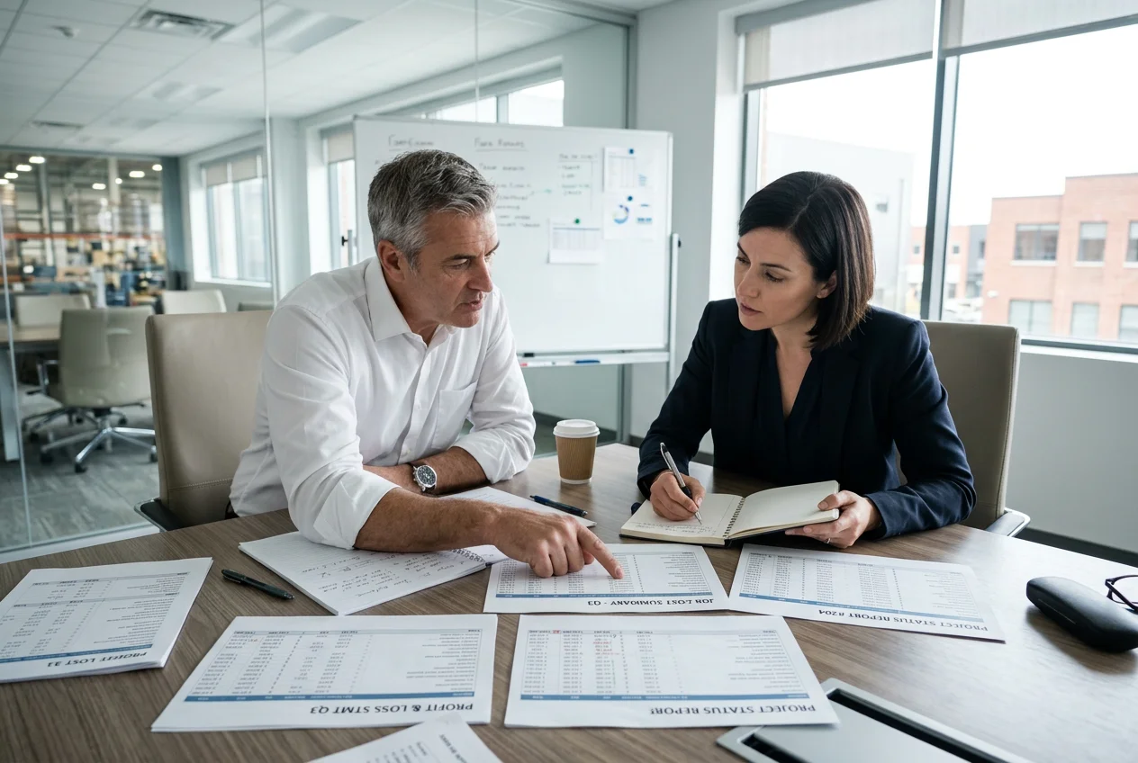 Manufacturing Financial Review with ERP Data Manufacturing business owner and accountant reviewing job cost summaries and financial reports. Data-driven discussion for manufacturing ERP insights.