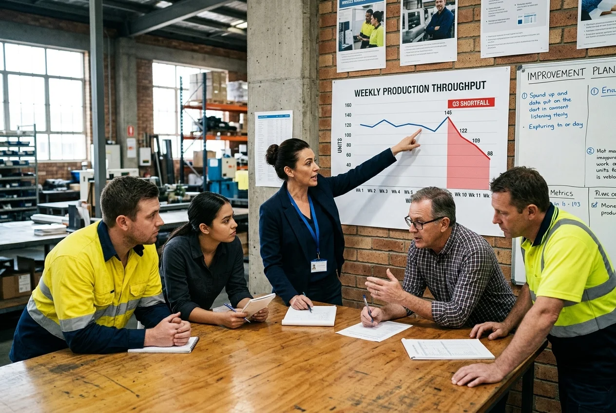 Manufacturing Team Discusses Production Shortfall in Meeting Manufacturing operations director discusses production throughput shortfall with team in a stand-up meeting, highlighting areas for improvement.