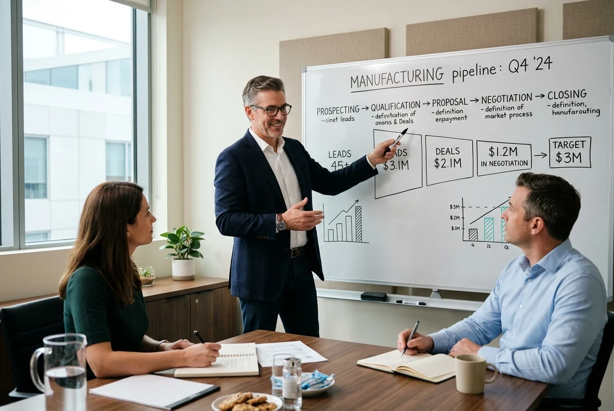 manufacturing-sales-pipeline-meeting-erp Sales director discusses manufacturing pipeline stages with colleagues during an important B2B meeting, optimizing production planning strategies.