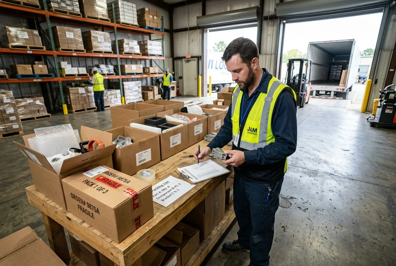 Efficient Shipping & Inventory Control in Manufacturing Shipping worker uses a packing list to verify items for shipment in a manufacturing warehouse, demonstrating efficient inventory control.