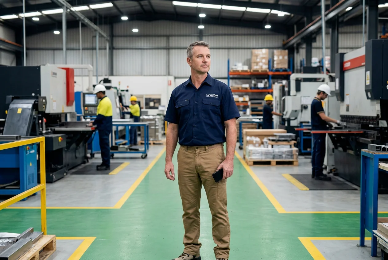 Manufacturing Supervisor Overseeing Production with ERP Software Warehouse supervisor on manufacturing shop floor with smartphone, overseeing clean, organized production with Seradex ERP.