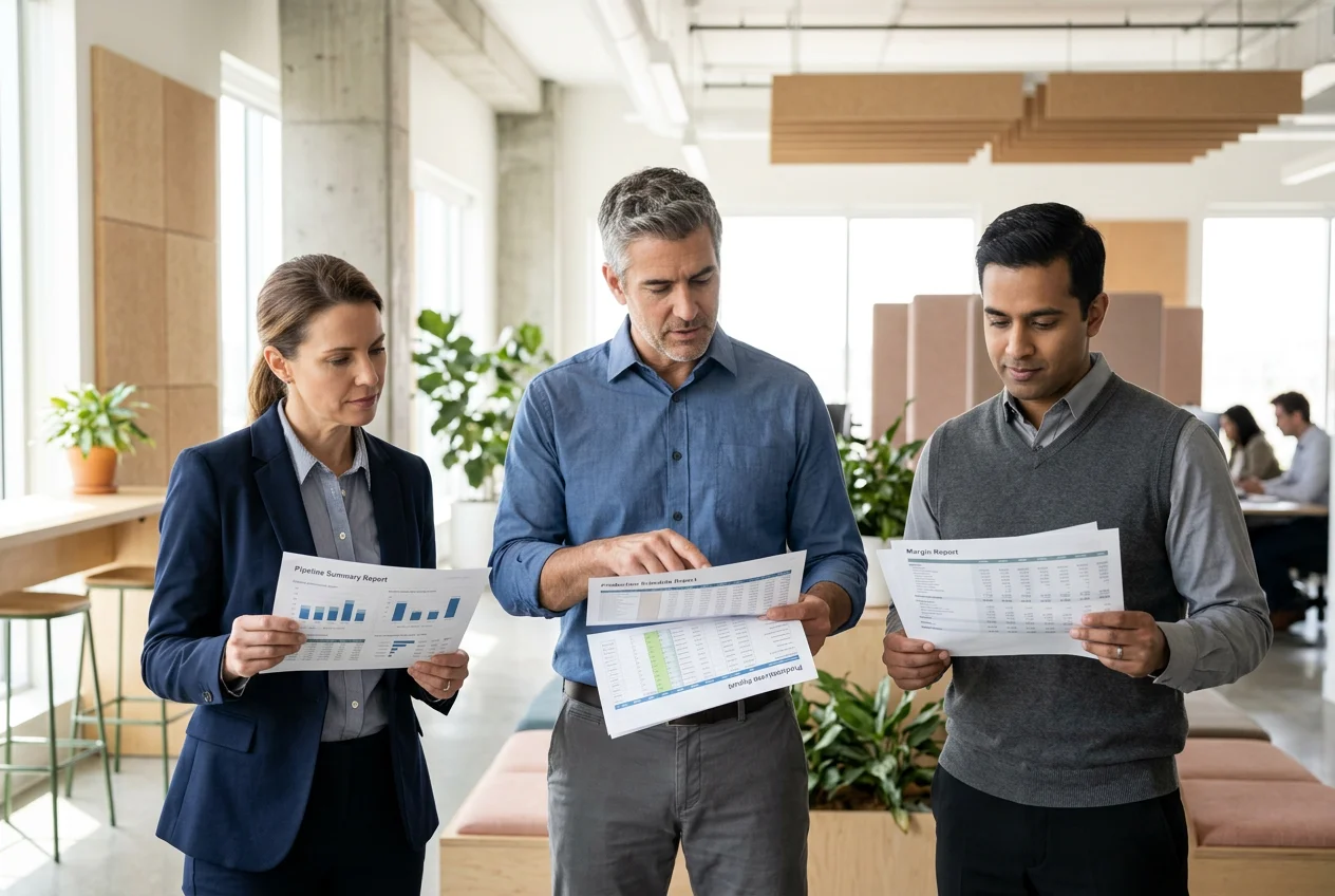 Manufacturing Teams Reviewing Key Business Reports Three manufacturing professionals reviewing reports: a sales director, plant manager with production schedule, and financial controller.