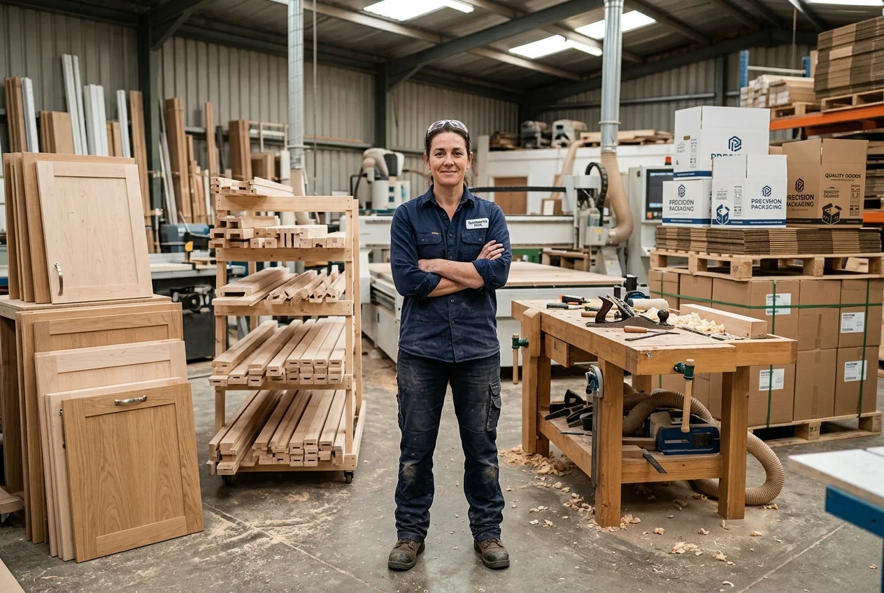 Skilled Tradesperson in Diverse Manufacturing Workshop Confident tradesperson in a manufacturing workshop with cabinet doors, window components, and packaging, showing diverse industries.