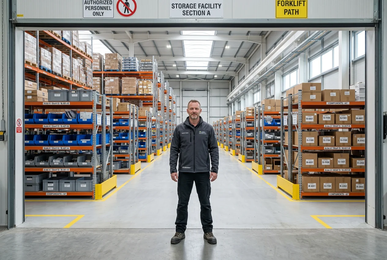 Optimized Manufacturing Warehouse with ERP Software Warehouse manager confidently oversees a pristine, fully stocked manufacturing storage facility, demonstrating ultimate inventory control with Seradex ERP.