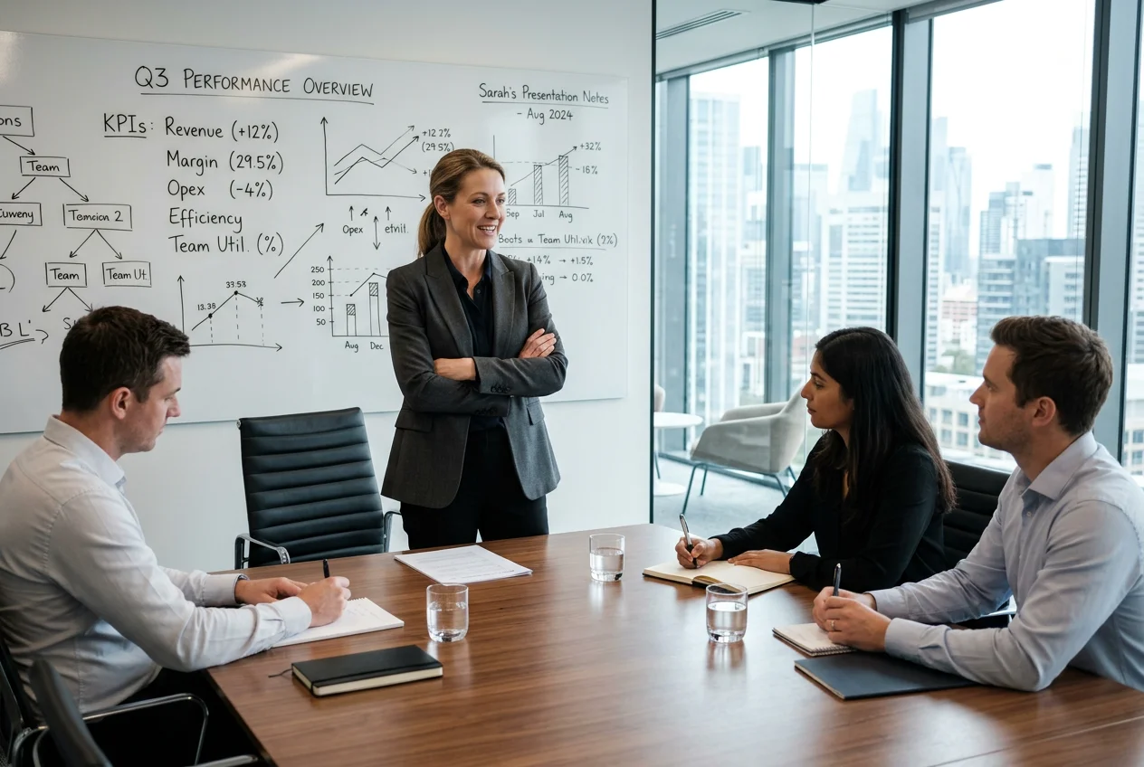 Operations Director Presents Q3 Performance Overview Operations director presenting Q3 performance overview with KPIs like revenue, margin, and efficiency during a meeting.