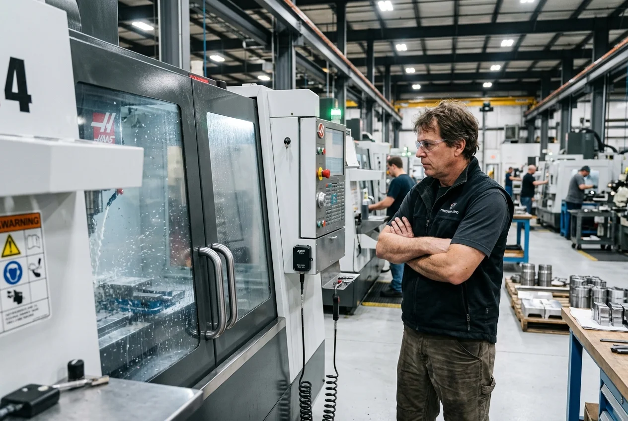 Plant Manager Inspecting CNC Machine Performance Plant manager inspecting a CNC machine with a sensor, optimizing production planning and shop floor management with ERP software like Seradex.