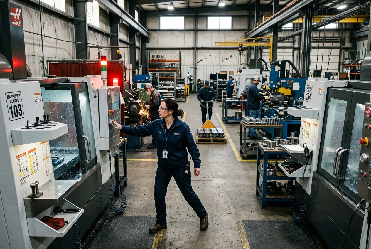 production-supervisor-machine-alert-erp Production supervisor reacting to a machine alert on the shop floor in front of a CNC machine with a red stack light, demonstrating urgent attention to equipment.