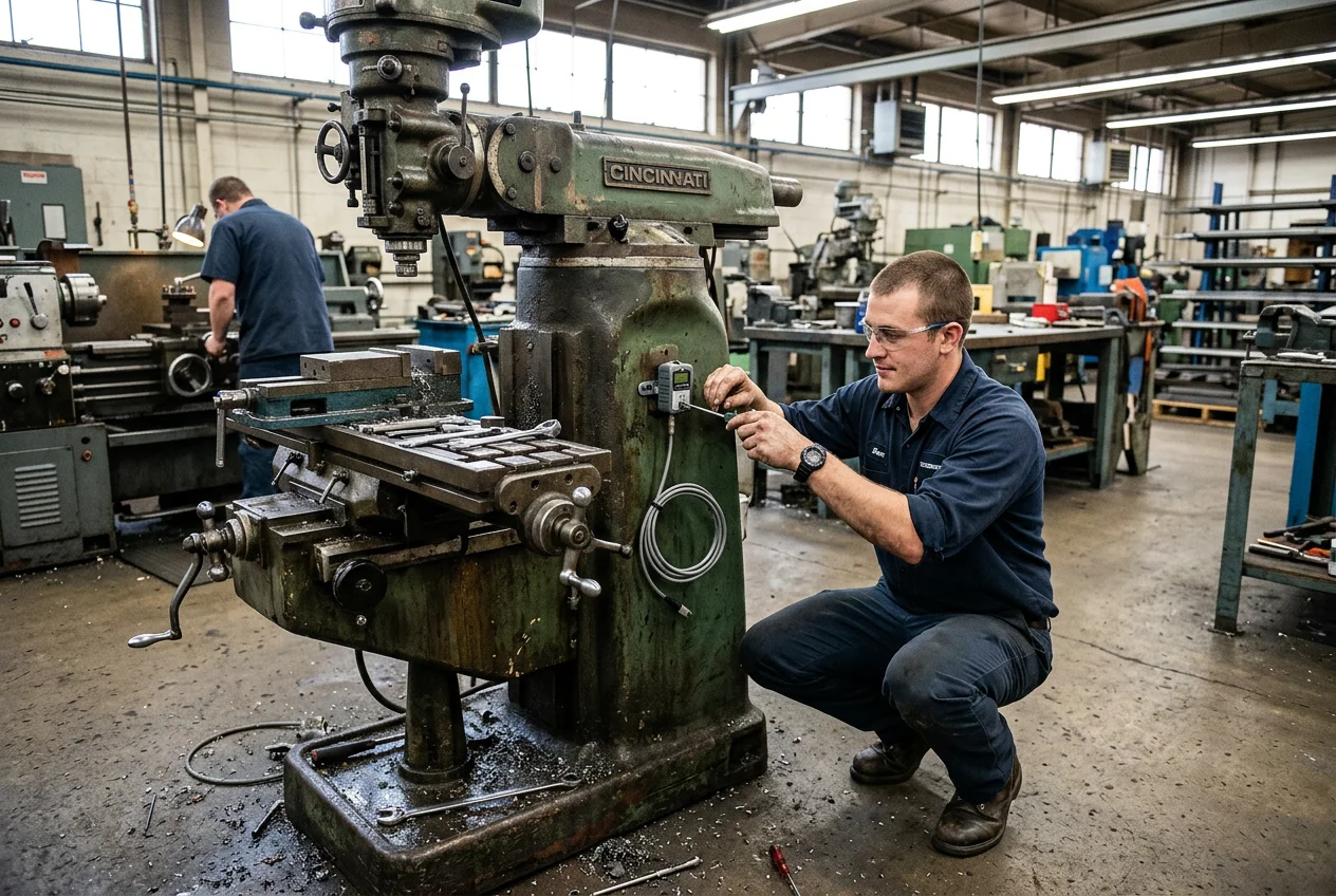 Shop Floor Technician Installs Sensor on Legacy Machine echnician installing small sensor device onto an older industrial milling machine on a busy shop floor for production monitoring.