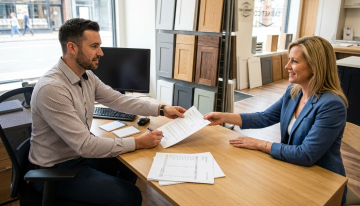 Cabinet Sales Meeting with Quote & Samples - ERP Benefits Cabinet company sales rep and customer reviewing a quote with samples in a modern showroom. Streamline sales with ERP software.