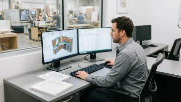 Engineer Designing Cabinets with ERP Production Planning Manufacturing engineer using dual monitors for cabinet design and production planning, with production floor in background. Seradex ERP.