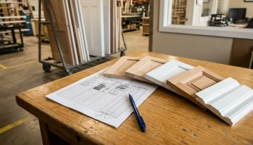 Door Manufacturing Quote & Sample Selection Door manufacturing desk with quote sheet, door panel samples (shaker, raised panel, flat) in raw wood & white finishes, and pen.