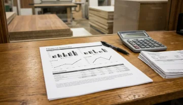 Manufacturing Financial Report & Production Floor View Financial summary report on a wooden desk with a calculator and pen, blurred manufacturing floor in the background. Optimize production planning with Seradex ERP.