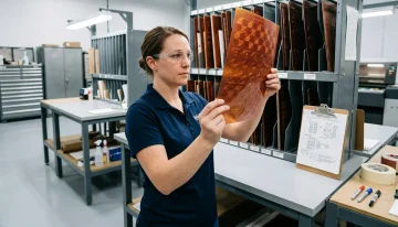 Manufacturing Quality Control: Prepress Technician Inspecting Plate Female prepress technician inspects a flexographic printing plate for manufacturing quality in a modern facility.