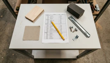 Streamline Your Manufacturing with Accurate Bills of Materials Bill of Materials (BOM) document and furniture components on a workbench, showcasing manufacturing production accuracy.