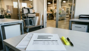 Manufacturing Cost Analysis Report on Office Desk Financial report on a modern desk in a furniture manufacturing office, showing cost analysis, relevant for ERP software.