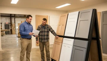 Manufacturing Showroom Discussion: Sales Rep and Contractor Sales rep and contractor discussing order in a door manufacturing showroom, showcasing various door styles and finishes.