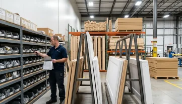 Streamlined Inventory Management in Door Manufacturing Worker scans door hardware inventory in a clean manufacturing warehouse, showcasing organized production planning and inventory control.