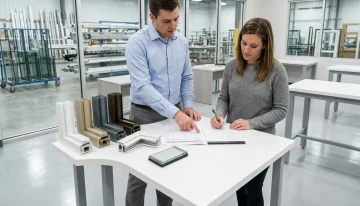 Streamlined quoting for manufacturing with Seradex ERP Sales coordinator and dealer representative review a quote package and window samples in a manufacturing facility.