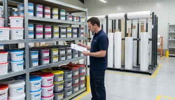 Efficient Inventory Management in Modern Manufacturing Warehouse worker in a modern printing facility checking ink and substrate inventory, showcasing organized production planning and materials management.