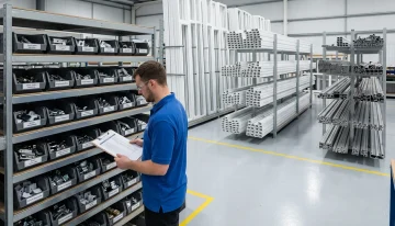 Efficient Manufacturing Inventory Control & Production Planning Worker checking inventory in a clean window manufacturing facility, organized with hardware and profile extrusions, showing efficient production planning and inventory control with ERP.