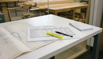 Manufacturing Job Cost Analysis Report on Seradex Desk Job cost analysis report, architectural drawing, and job summary on a modern desk in a millwork manufacturing office.