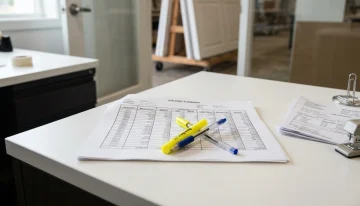 Manufacturing Job Cost Summary for Production Planning Job cost summary sheet on a modern office desk in a door manufacturing company, illustrating production planning and inventory control.