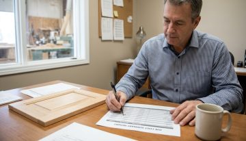 Manufacturing Operations Manager Reviews Job Costs with ERP Manufacturing operations manager reviewing a job cost summary report comparing estimated vs actual costs, with a cabinet sample on the desk.