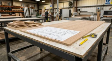 Furniture Manufacturer Reviewing Cut Layout Plan on Production Workbench Worker's steel-frame production workbench with a printed panel nesting layout, plywood sheet, tape measure, and pencil inside a modern furniture manufacturing facility