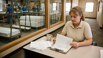 Manufacturing Order Entry Processing Female order entry clerk reviews a printed customer order form at a tidy desk in a manufacturing facility office, with the production floor visible through a glass partition in the background.