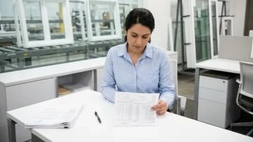 Manufacturing Order Processing Employee Reviewing Forms Female employee reviewing a printed order form at a clean desk in a window manufacturing office, with the production floor blurred in the background.