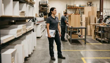 Shop Floor Production Schedule - Manufacturing ERP Production schedule on a workbench next to a pencil, tape measure, and stain samples, depicting manufacturing operations.