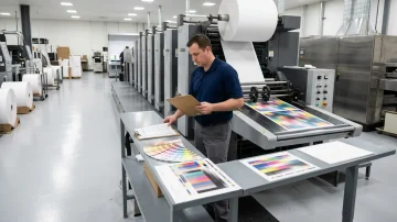 Precision Printing Production with ERP Software A press operator checks a run sheet beside a modern flexographic printing press, ensuring precise color and quality control in a manufacturing plant.