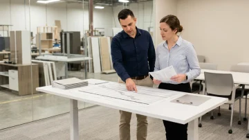 Manufacturing Project Management & Production Planning Manufacturing managers review production plan for furniture assembly, emphasizing project management and shop floor efficiency with Seradex ERP.