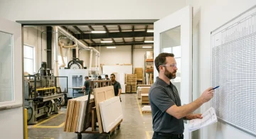 Manufacturing Supervisor Cross-Referencing Production Schedule Production supervisor in safety glasses checking a printed schedule against a job traveler inside a modern door manufacturing facility.