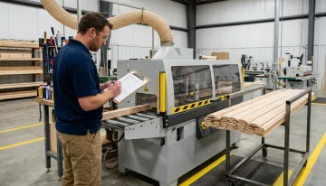 Production Planning in a Modern Millwork Facility Manufacturing worker in safety glasses checks a job card beside a modern moulder machine producing maple architectural millwork.