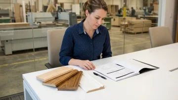 Manufacturing Project Coordinator Reviewing Client Approvals Project coordinator reviews approval package with millwork samples, overlooking a manufacturing production floor.