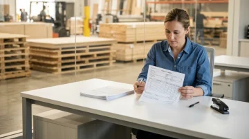 Manufacturing Purchasing Manager Reviews Purchase Order Female purchasing manager reviews a printed purchase order at her desk in a manufacturing office, with blurred warehouse in background.