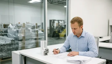 Manufacturing Purchasing Review - Seradex ERP Software Manufacturing employee reviews a vendor delivery schedule for window components in a modern office, highlighting production planning.